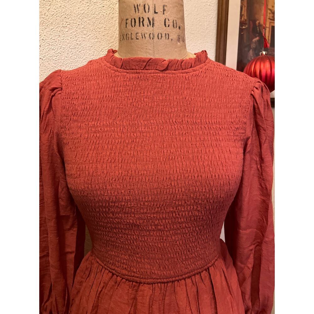 Smocked Frilled Neck Puff Sleeve Ruffle Hem Mini Dress NWOT Size S - Picture 4 of 11